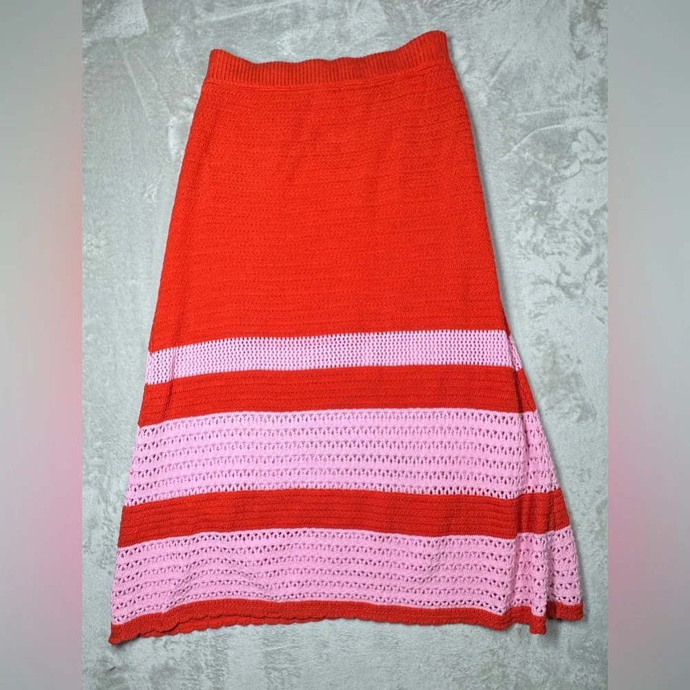 Scoop Crochet Scalloped Hem Red Pink Striped A Line Pull On Midi Skirt Large - Picture 3 of 16